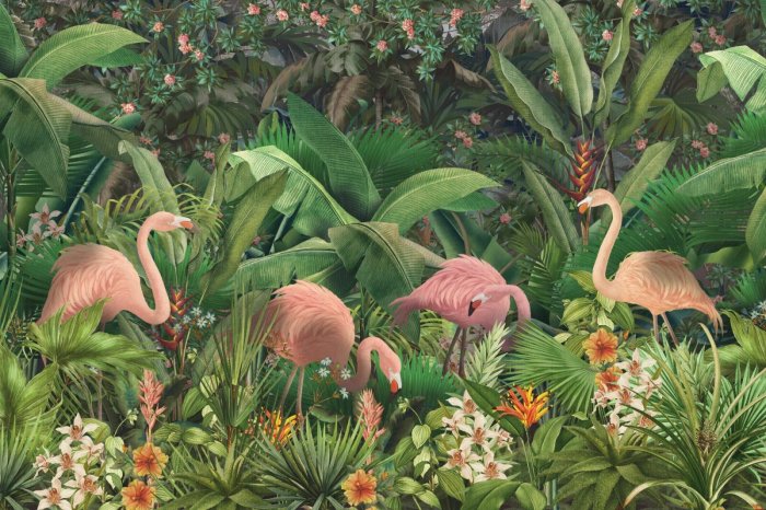 Papier peint  Flamants avec des feuilles et des fleurs tropicales