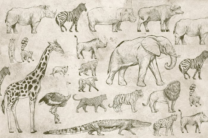 Papier peint  Animaux de safari sur un fond en baguettes