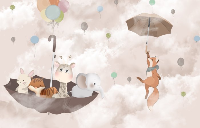 Papier peint  Renard avec une girafe et un éléphant sur un parapluie dans les nuages