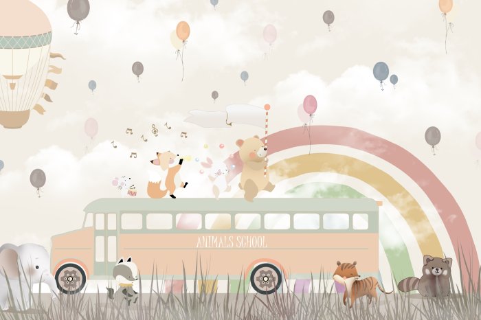Papier peint  Bus scolaire avec des animaux sur un fond d’arc-en-ciel