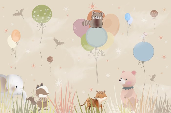Papier peint  Animaux dans la prairie avec des ballons volants
