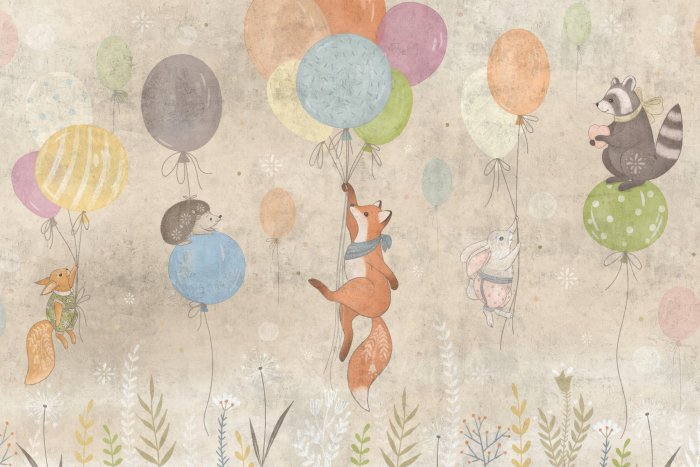Papier peint  Renard et lièvre tenant des ballons