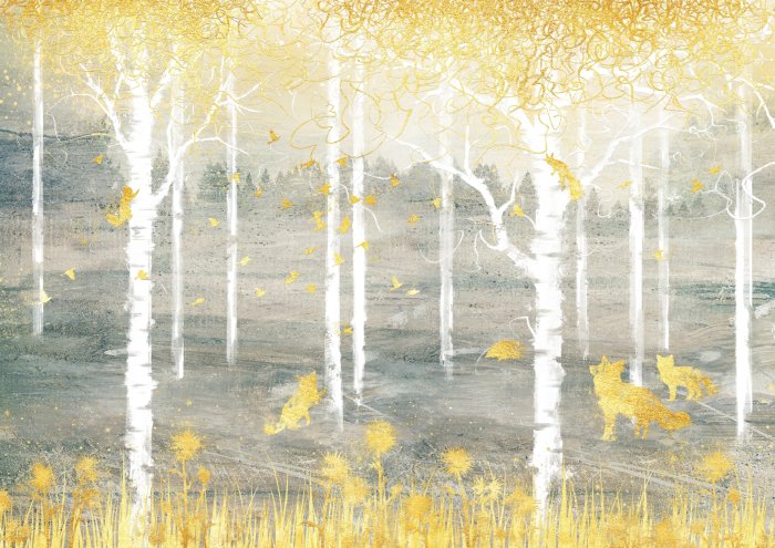 Papier peint  Forêt abstraite avec des renards dorés