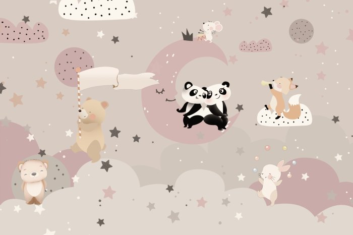 Papier peint  Pandas assis sur la lune et un renard sur un nuage