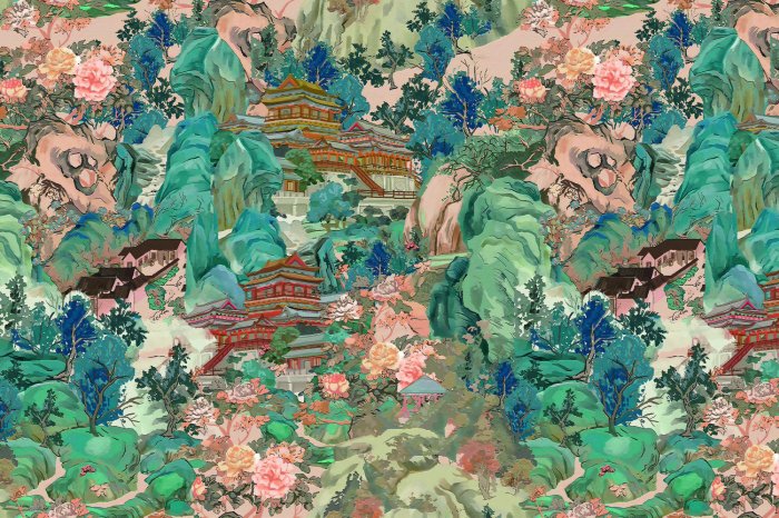 Papier peint  Bâtiments japonais parmi les montagnes et les arbres