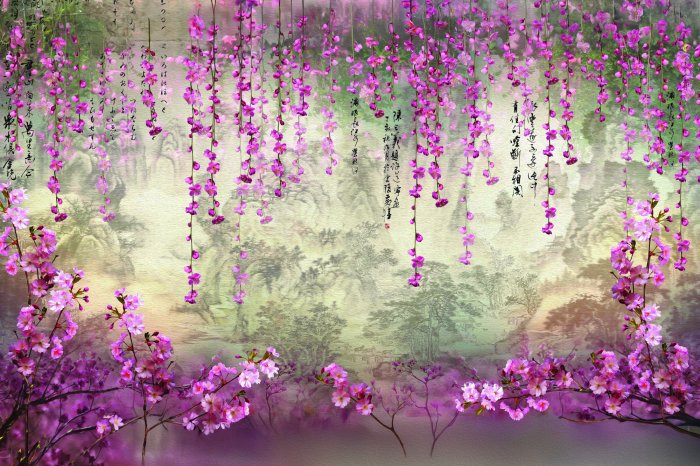 Papier peint  Fleurs de cerisier suspendues sur un fond de forêt