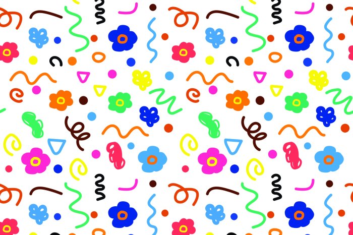 Papier peint  Motif enfantin avec des fleurs et des formes