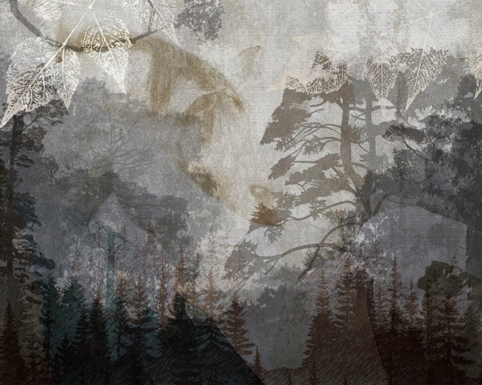 Papier peint  Chevaux sur fond de paysage forestier