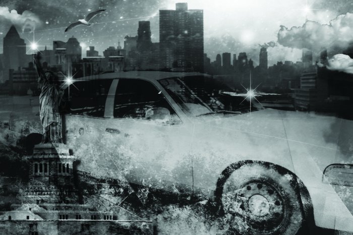 Papier peint  Taxi en noir et blanc et la Statue de la Liberté