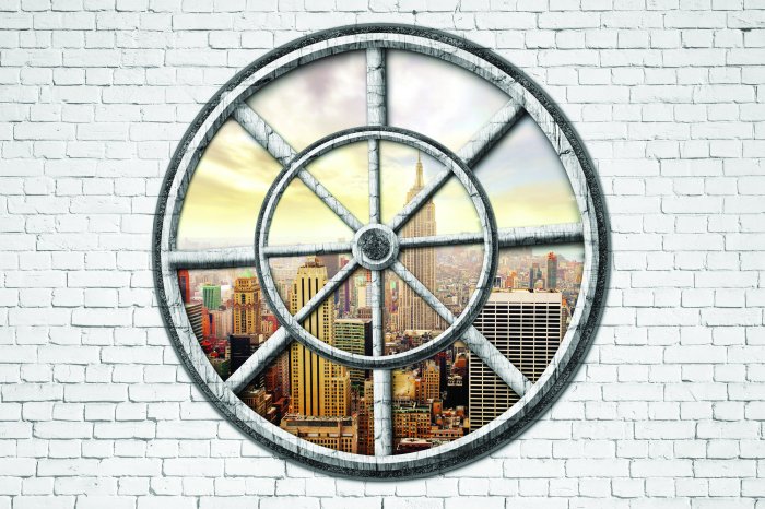 Papier peint  Vue à travers une fenêtre ronde sur New York