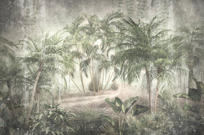 Papier peint  Forêt tropicale avec des palmiers sur du béton