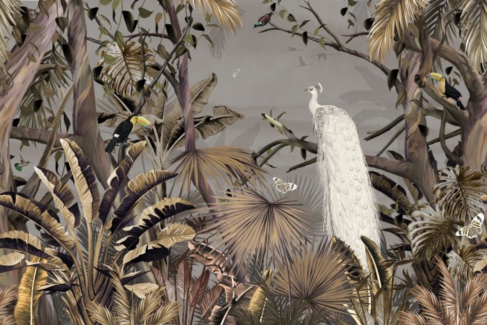 Papier peint  Paon blanc toucans et papillons dans la jungle tropicale