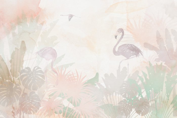 Papier peint  Flamants roses et feuilles tropicales aux couleurs pastel