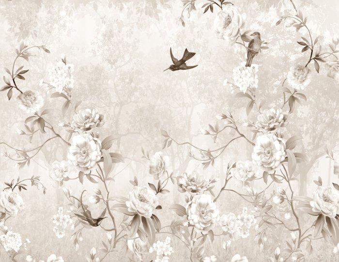 Papier peint  Motif botanique avec des oiseaux et des arbres