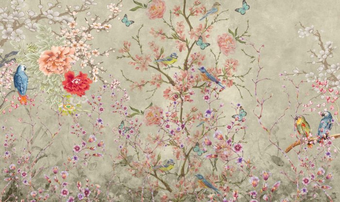 Papier peint  Oiseaux et papillons sur les branches fleuries de l’arbre