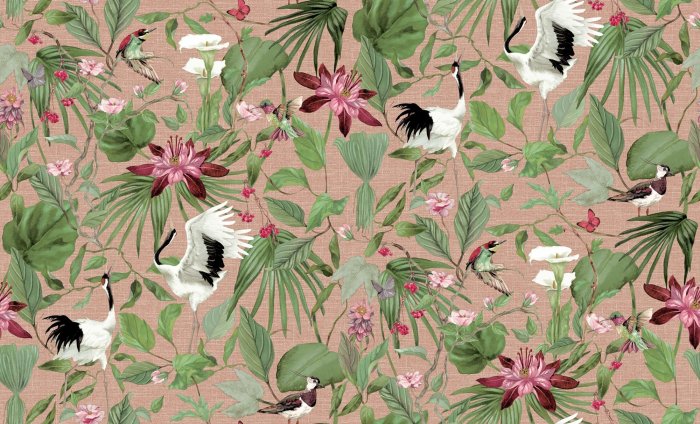 Papier peint  Oiseaux exotiques parmi les feuilles vertes et les fleurs