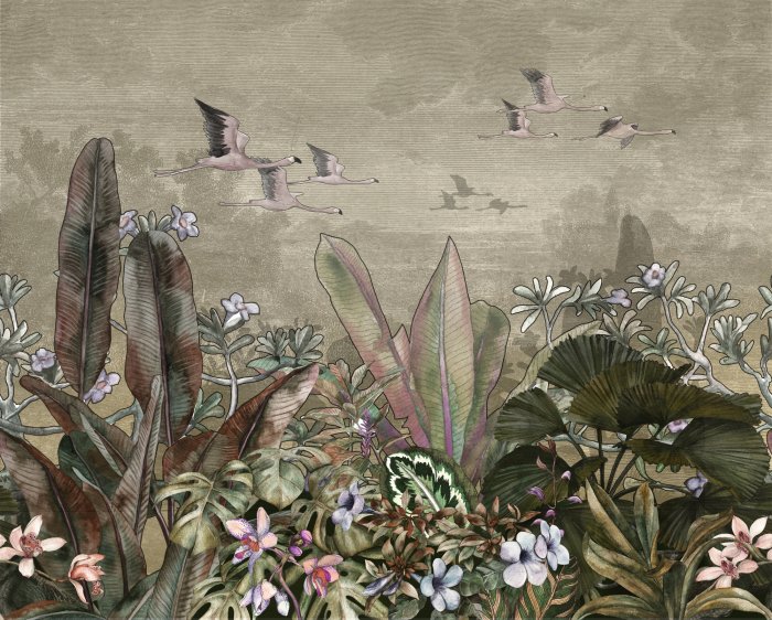 Papier peint  Plantes tropicales et oiseaux exotiques en style aquarelle