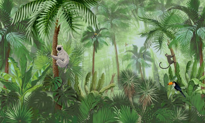 Papier peint  Végétation verte tropicale dans la jungle avec des animaux