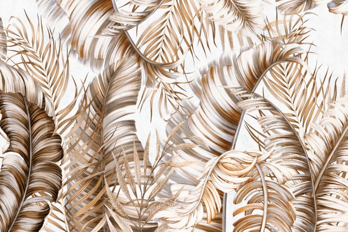 Papier peint  Feuilles tropicales beiges et brunes sur fond blanc