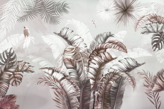 Papier peint  Grandes feuilles tropicales et oiseaux sur un fond à la texture subtile
