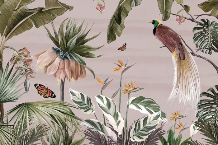 Papier peint  Paysage tropical plantes et oiseaux exotiques