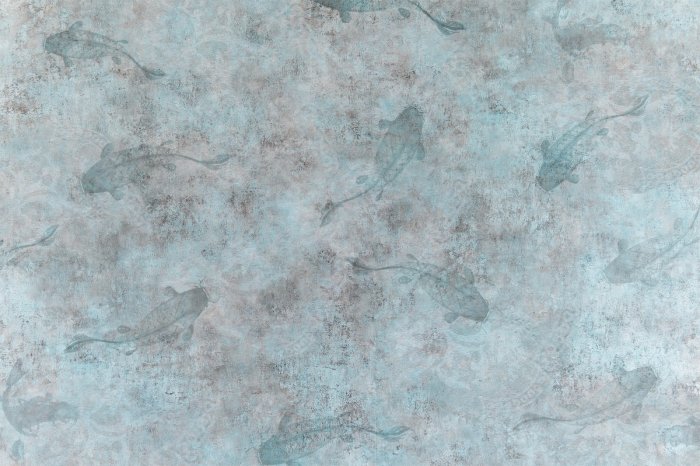 Papier peint  Poissons sur fond de béton dans des tons de bleu