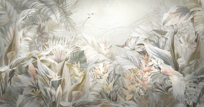 Papier peint  Fleurs exotiques et oiseaux dans la jungle tropicale aquarelle