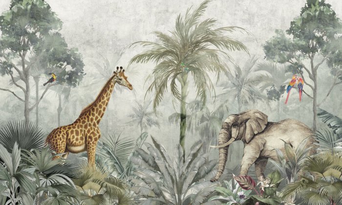 Papier peint  Animaux exotiques dans la jungle verte en style aquarelle