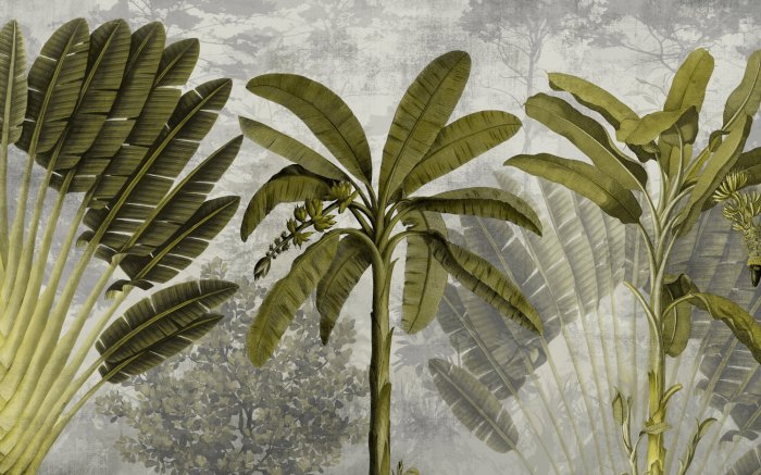 Papier peint  Plantes tropicales vertes sur fond en nuances de gris