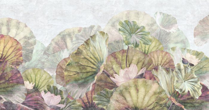 Papier peint  Motif botanique avec nénuphars et feuilles vertes