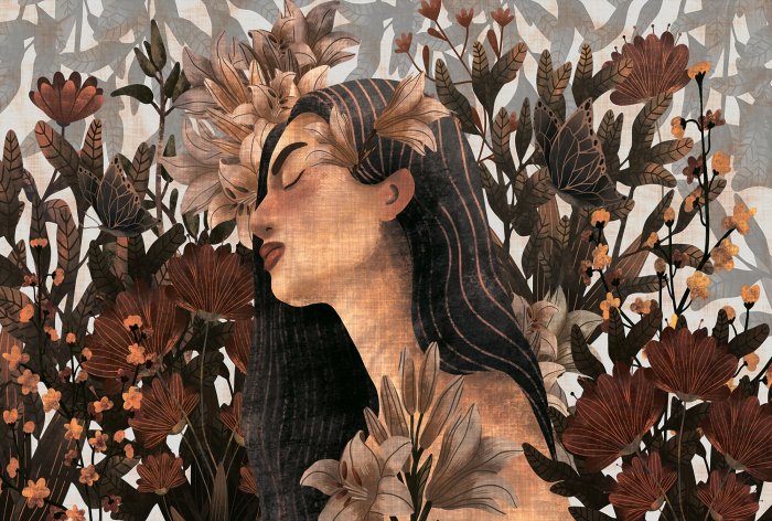 Papier peint  Femme sensuelle entourée de fleurs