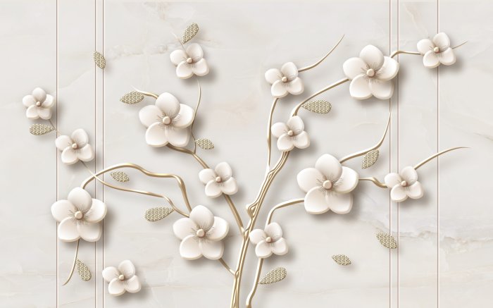 Papier peint  Arbre 3D avec des fleurs blanches sur fond en marbre