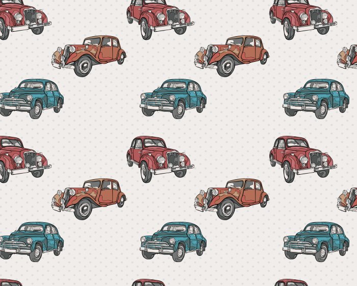 Papier peint  Voitures rétro sur fond à pois
