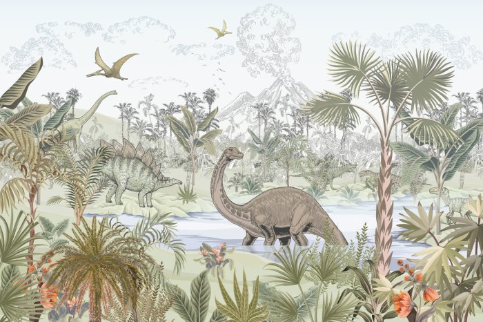 Papier peint  Paysage en aquarelle avec des dinosaures dans la jungle tropicale