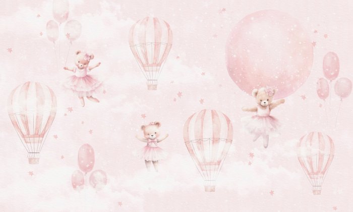Papier peint  Adorables oursons avec des ballons dans un ciel rose pastel