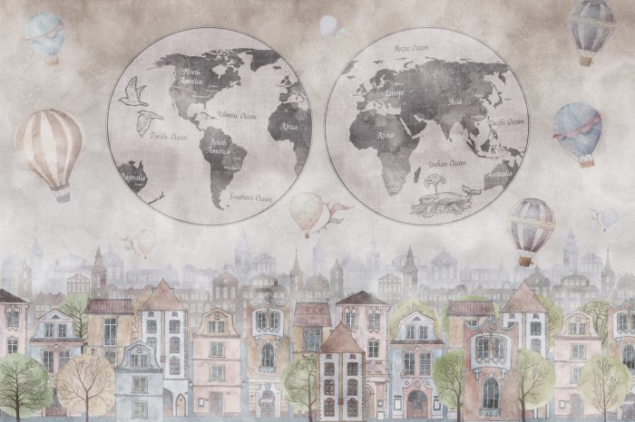 Papier peint  Carte du monde et ballons colorés au-dessus d’une ville aquarelle