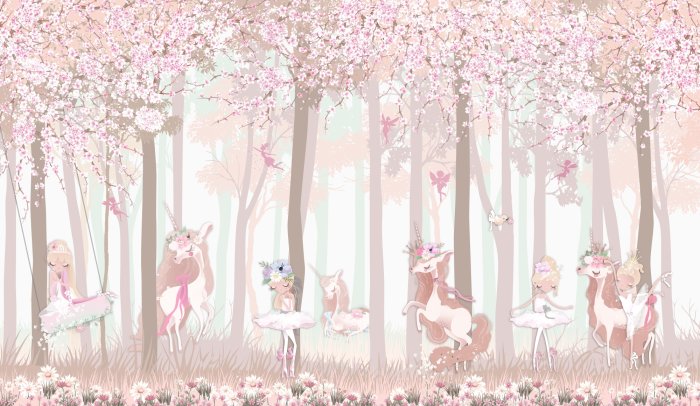 Papier peint  Forêt féerique avec princesses et licornes magiques