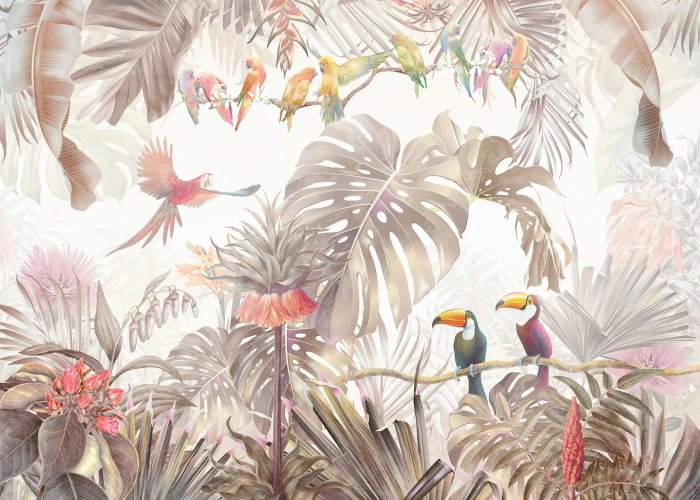 Papier peint  Jungle tropicale avec oiseaux colorés et végétation luxuriante