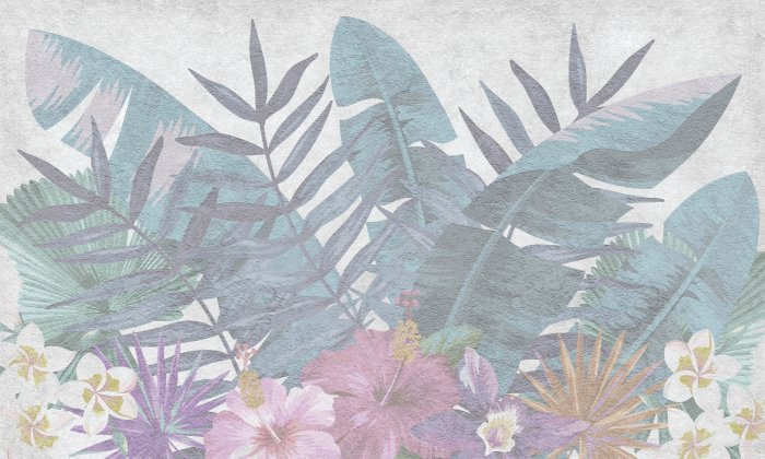 Papier peint  Fleurs et feuilles en couleurs délicates sur fond texturé
