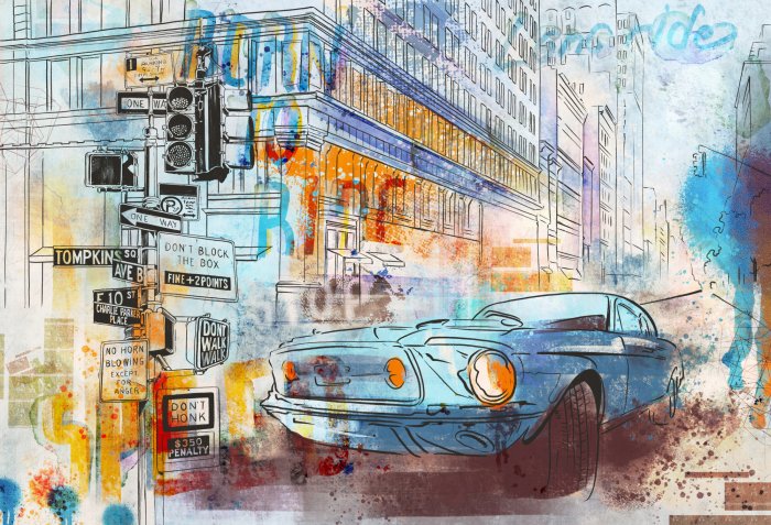 Papier peint  Voiture en ville peinture à l'aquarelle illustration jeunesse