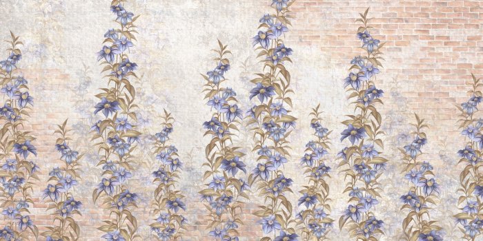 Papier peint  Fleurs dans des tons de bleu sur un mur en briques