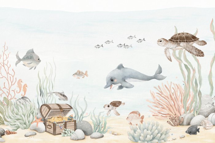 Papier peint  Monde sous-marin aquarelle avec poissons et trésor de pirates