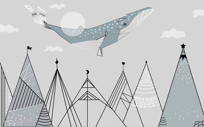Papier peint  Paysage abstrait avec montagnes et baleine motif féerique pour enfants