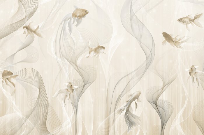 Papier peint  Motif moderne poissons et lignes sur fond beige dans un style minimaliste
