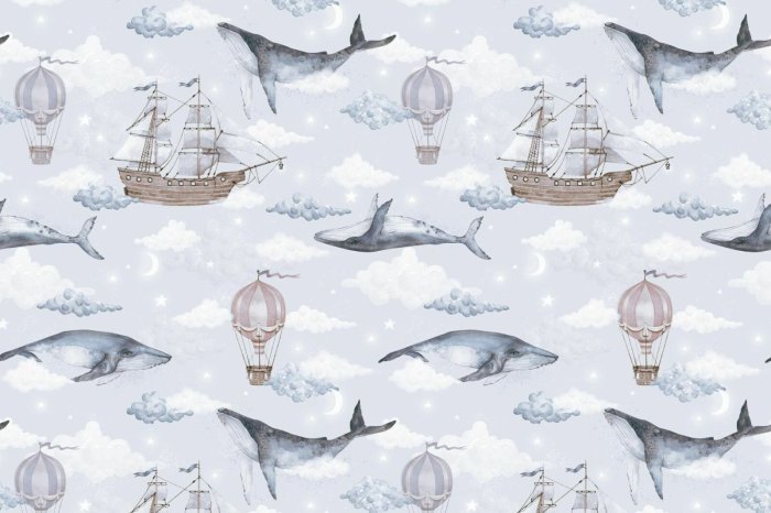Papier peint  Thème aquarelle avec baleines bateaux et ballons sur fond de ciel