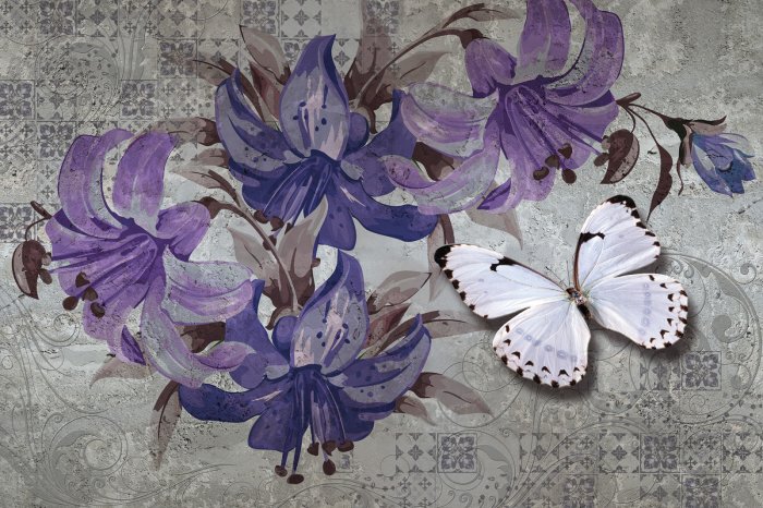 Papier peint  Papillon et fleurs dans le style des aquarelles en arrière-plan avec la mosaïque et les ornements