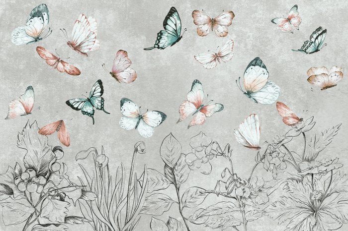 Papier peint  Motif botanique avec papillons mites et plantes sur fond gris