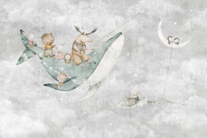 Papier peint  Ciel avec baleine lune et animaux motif enfantin féerique