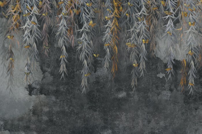 Papier peint  Papillons et vignes suspendues sur fond de béton brut motif moderne