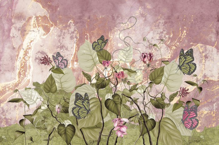 Papier peint  Fleurs feuilles et papillons sur fond béton motif inspiré par la nature